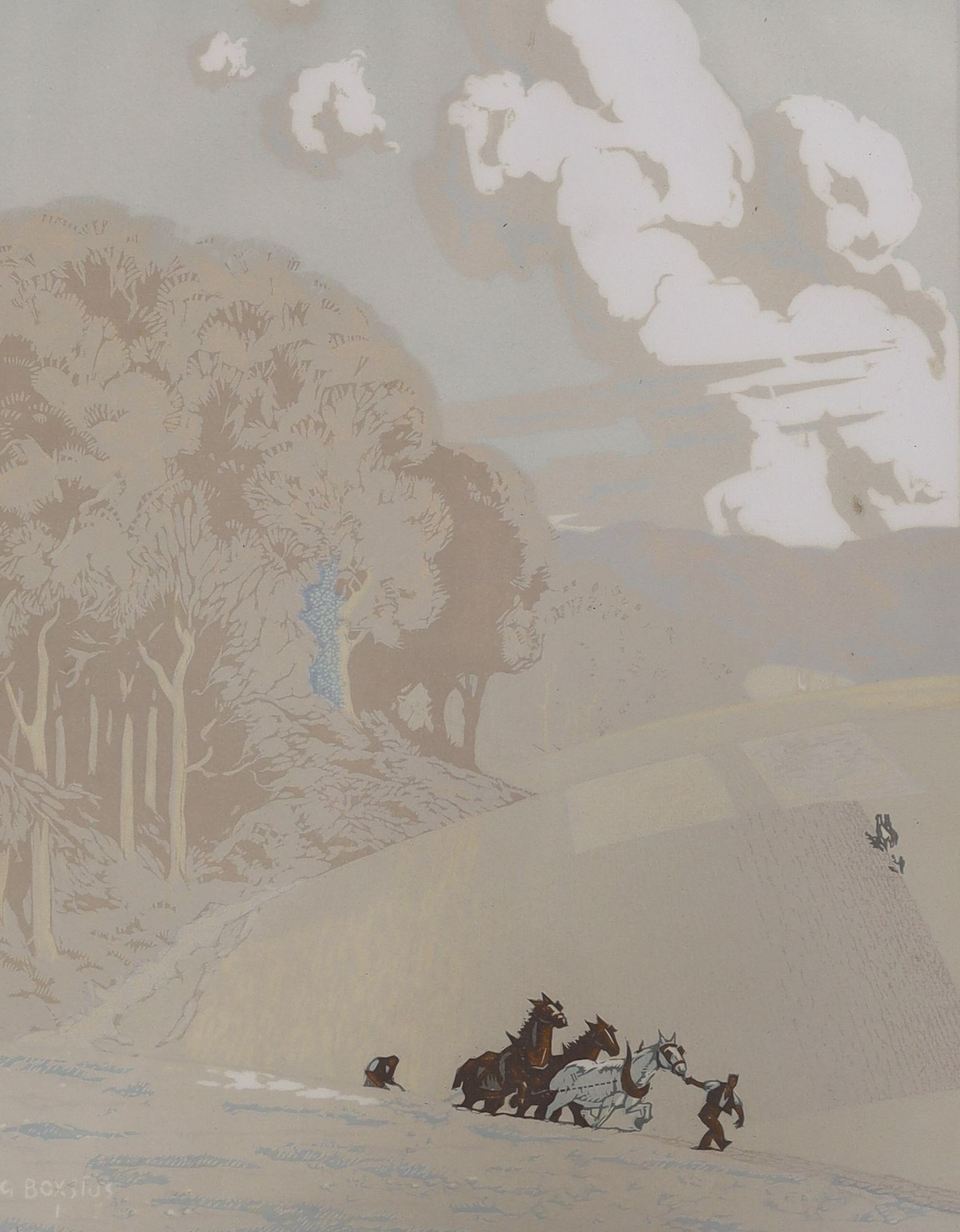 John Hall Thorpe (1874-1947), woodcut, 'Summer', signed in the plate, 35 x 28cm and a woodcut by S.G. Boxsius, 'Spring', 35 x 28cm